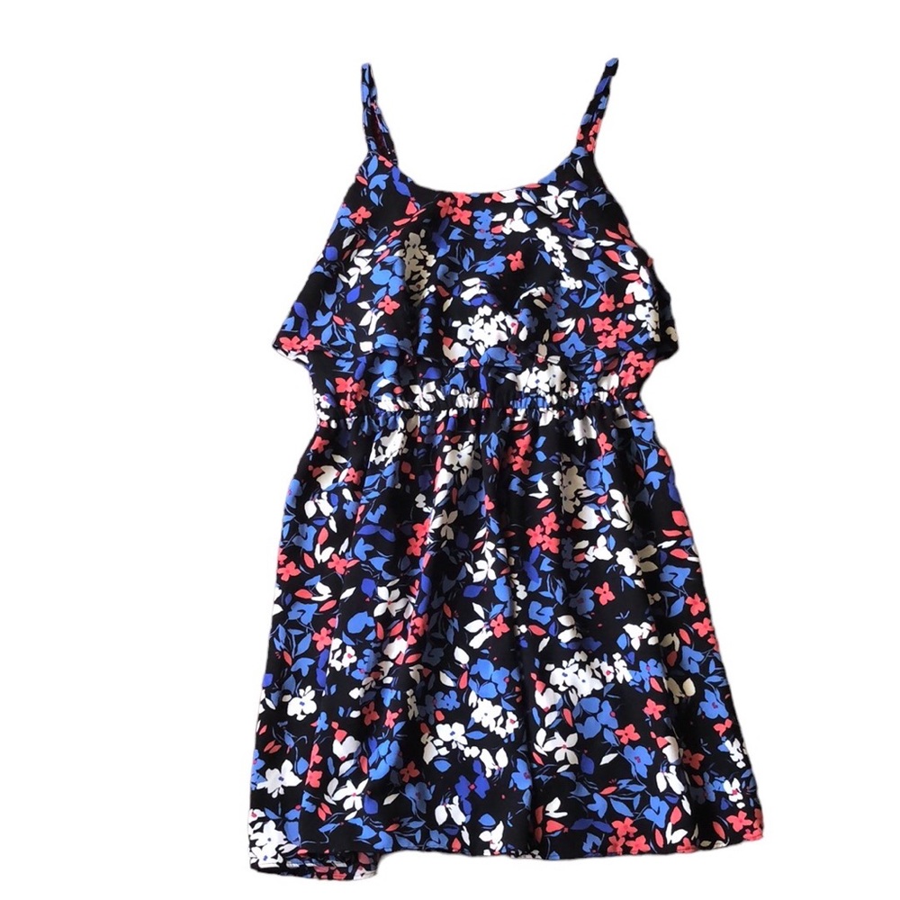 ELLE Blue, Red, White Floral Spaghetti Strap Ruffle Dress Size Small